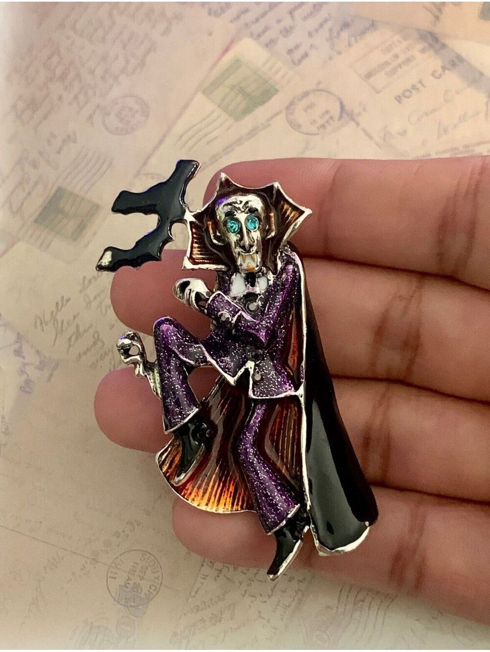Spooky Dancing Dracula Enamel Pin with Bat Accent - Halloween Fun! - Picture 4 of 4